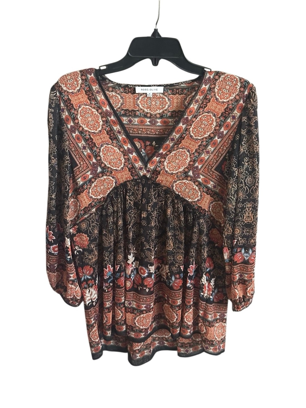 Rose + Olive Black & Rust Boho V-Neck Peasant Top. Size Medium